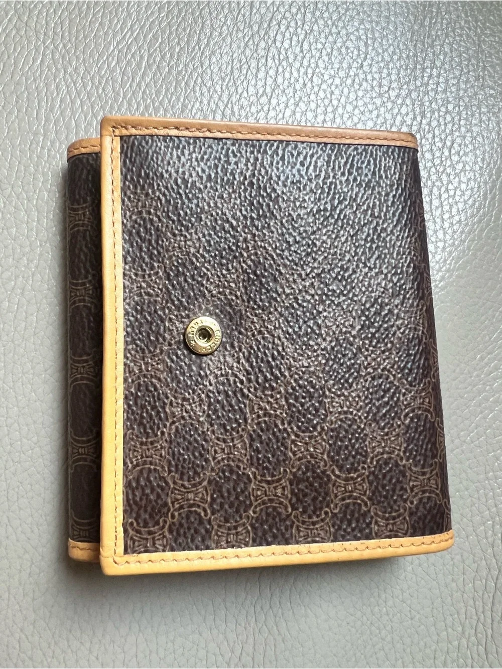 Celine Brown Triomphe Canvas Card Wallet with Yellow Trim
